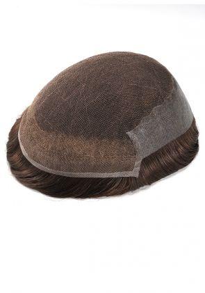 Complément capillaire avec cheveux de qualité supérieure, base en dentelle française devant et dessus avec peau au côté et au dos.