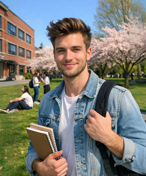 Student on campus carrying books with a backpack